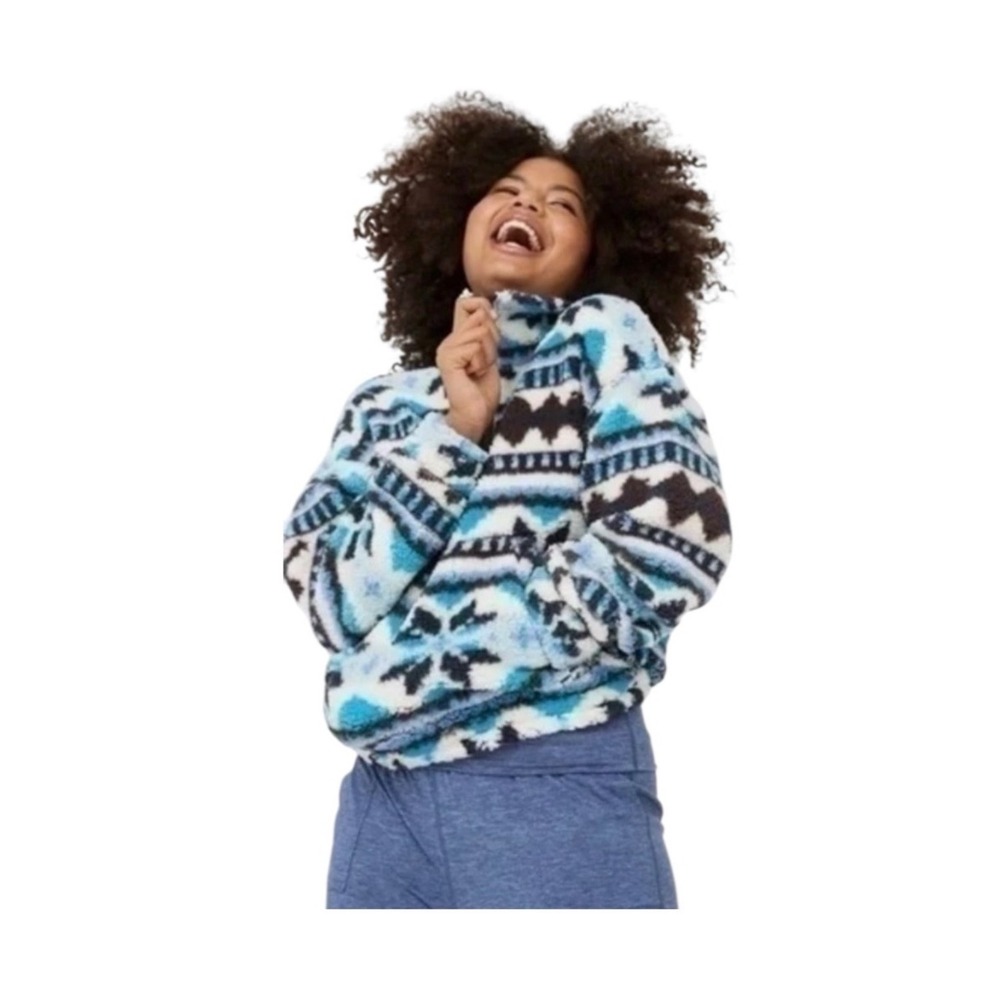 Aerie Offline Pullover Small Blue Aztec Sherpa Fleece Quarter Zip Oversized Cozy
